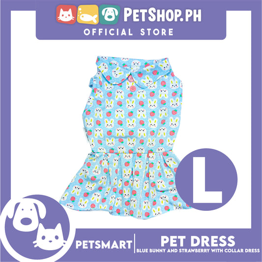 Pet Dress Blue Color, Bunny and Strawberry with Collar Design Dress (Large) Perfect Fit for Dogs and Cats