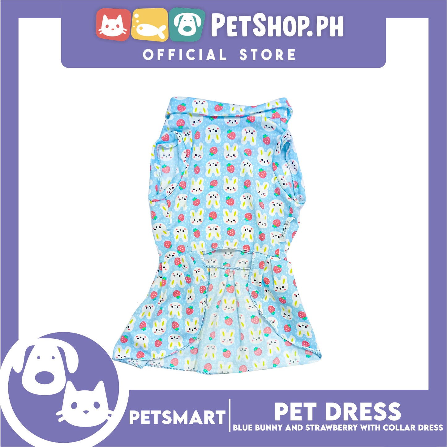 Pet Dress Blue Color, Bunny and Strawberry with Collar Design Dress (Large) Perfect Fit for Dogs and Cats