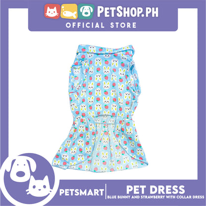 Pet Dress Blue Color, Bunny and Strawberry with Collar Design Dress (Large) Perfect Fit for Dogs and Cats