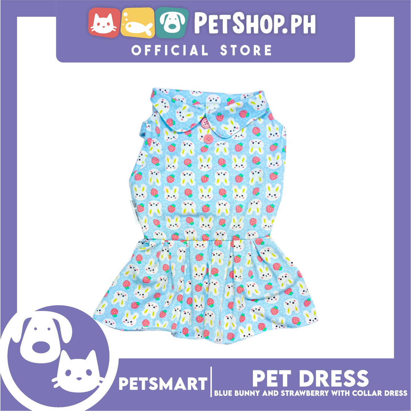 Pet Dress Blue Color, Bunny and Strawberry with Collar Design Dress (Large) Perfect Fit for Dogs and Cats