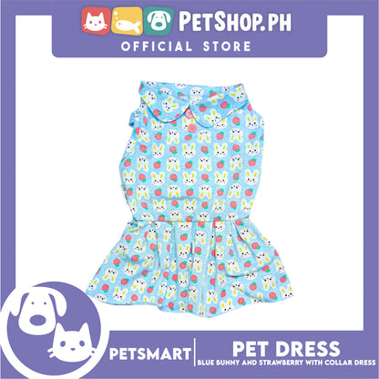 Pet Dress Blue Color, Bunny and Strawberry with Collar Design Dress (Large) Perfect Fit for Dogs and Cats