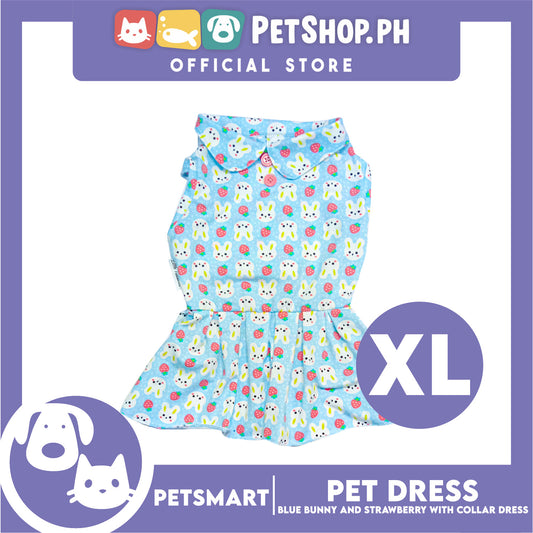 Pet Dress Blue Color, Bunny and Strawberry with Collar Design Dress (XL) Perfect Fit for Dogs and Cats
