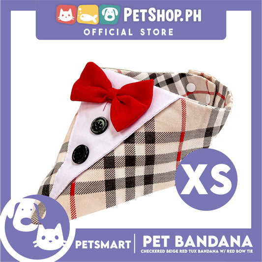 Pet Bandana Checkered Beige Red Tuxedo Bandana with Red Bow Tie Design (XS) Perfect Fit for Dogs and Cats