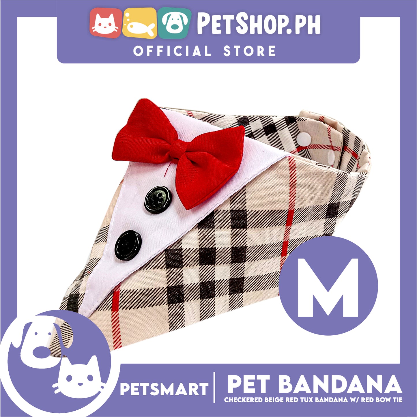 Pet Bandana Checkered Beige Red Tuxedo Bandana with Red Bow Tie Design (Medium) Perfect Fit for Dogs and Cats