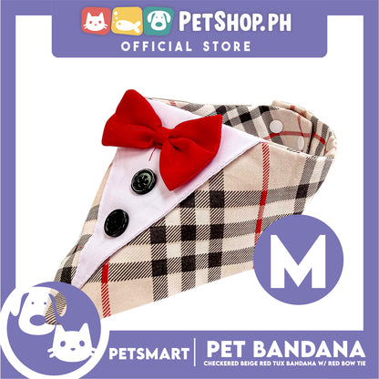 Pet Bandana Checkered Beige Red Tuxedo Bandana with Red Bow Tie Design (Medium) Perfect Fit for Dogs and Cats