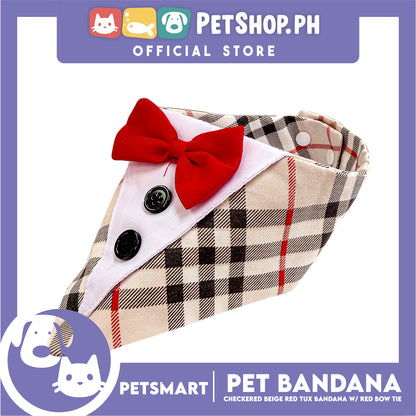 Pet Bandana Checkered Beige Red Tuxedo Bandana with Red Bow Tie Design (Medium) Perfect Fit for Dogs and Cats