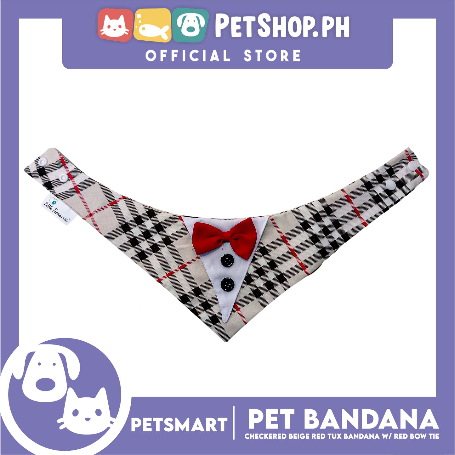 Pet Bandana Checkered Beige Red Tuxedo Bandana with Red Bow Tie Design (Medium) Perfect Fit for Dogs and Cats