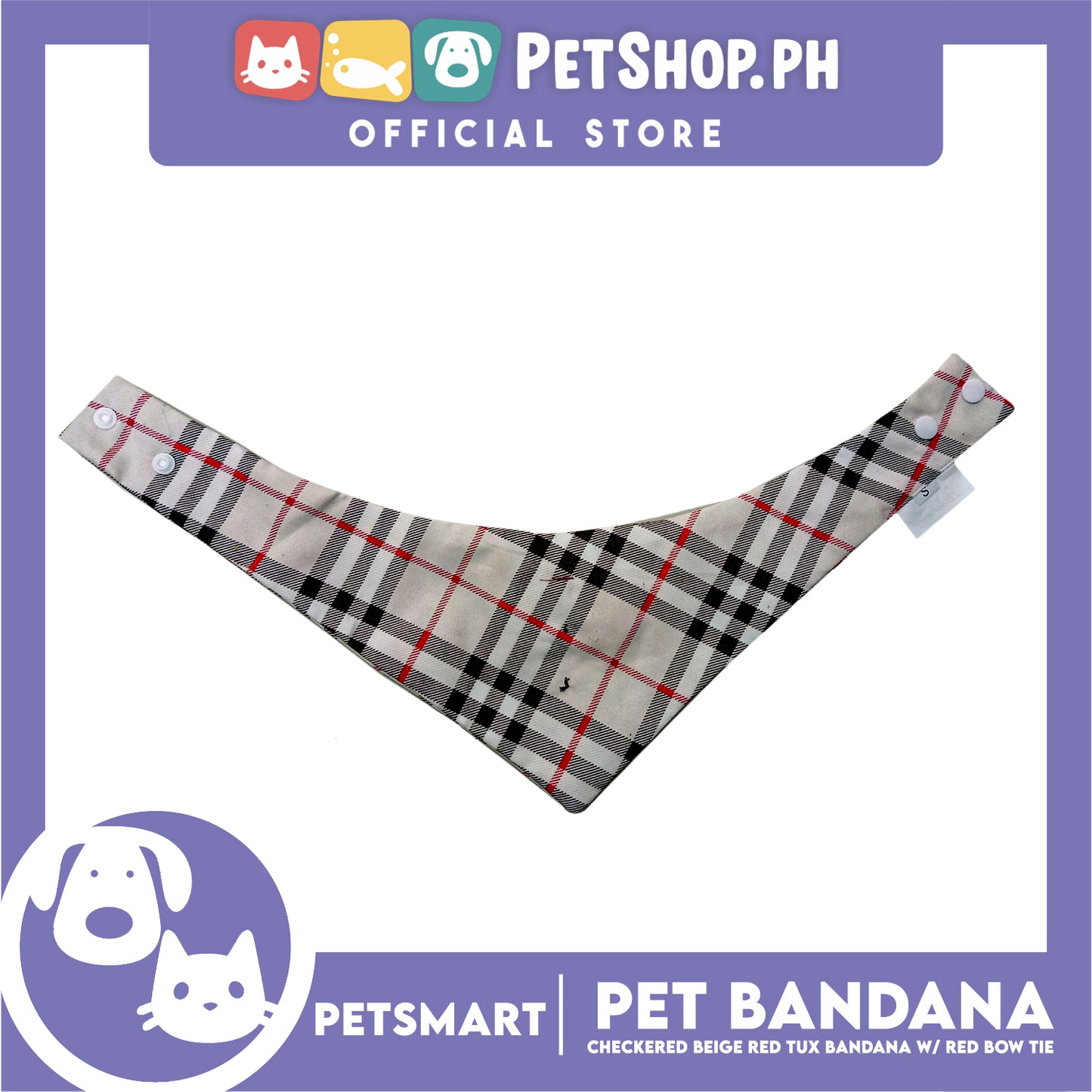 Pet Bandana Checkered Beige Red Tuxedo Bandana with Red Bow Tie Design (Medium) Perfect Fit for Dogs and Cats