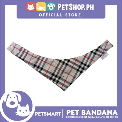 Pet Bandana Checkered Beige Red Tuxedo Bandana with Red Bow Tie Design (Medium) Perfect Fit for Dogs and Cats