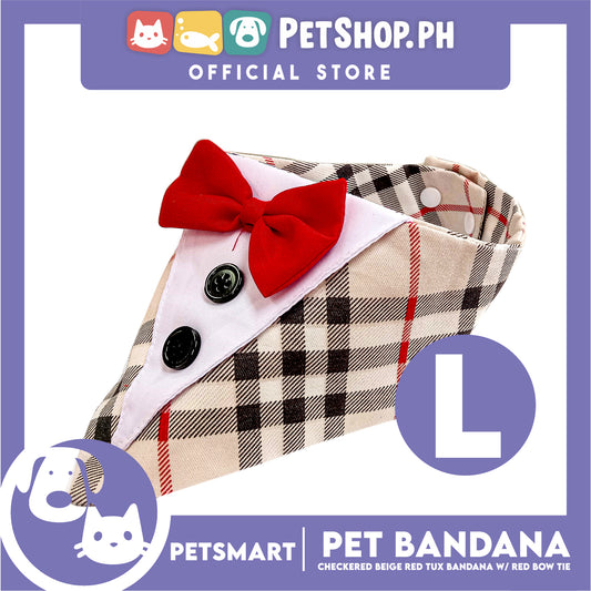 Pet Bandana Checkered Beige Red Tuxedo Bandana with Red Bow Tie Design (Large) Perfect Fit for Dogs and Cats