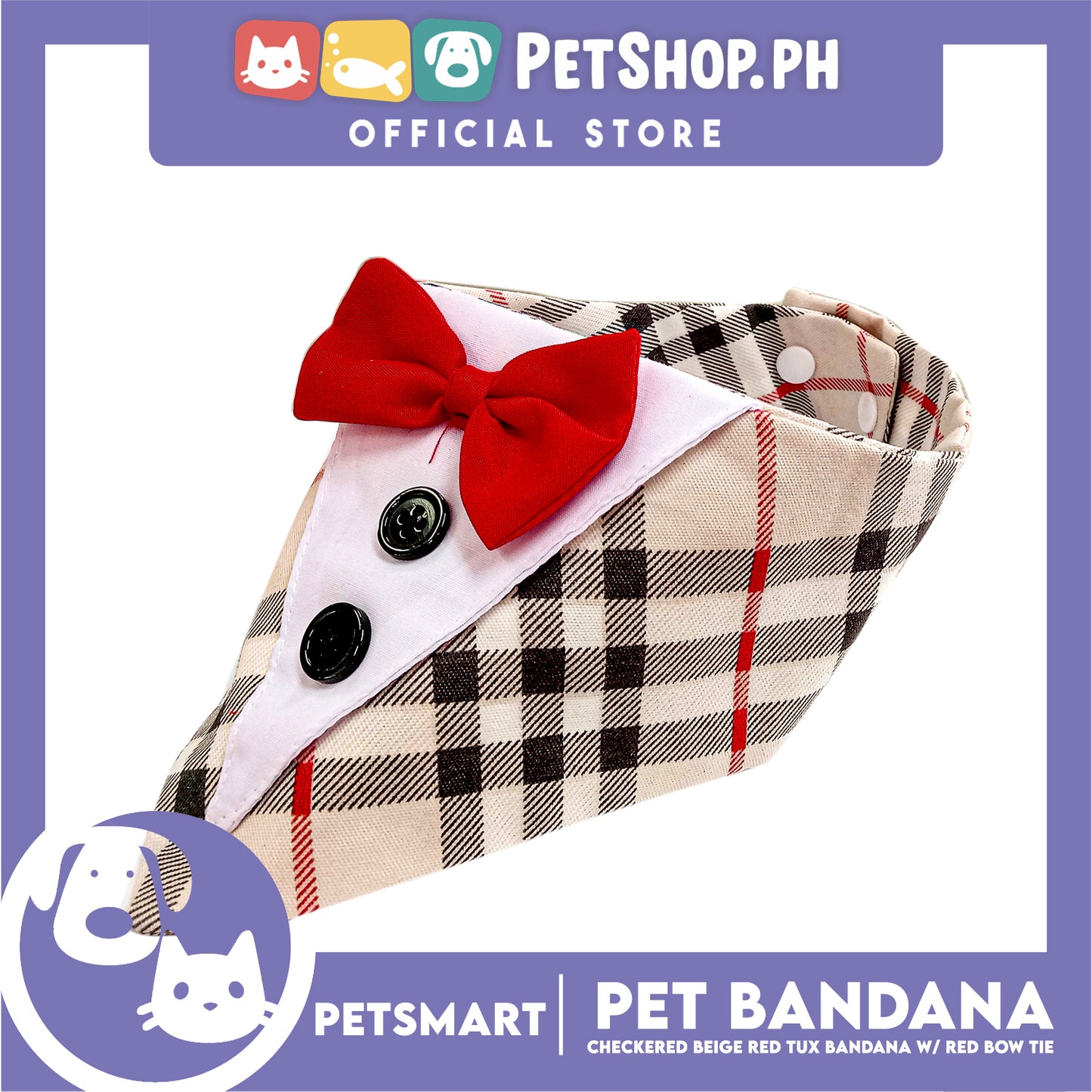 Pet Bandana Checkered Beige Red Tuxedo Bandana with Red Bow Tie Design (Large) Perfect Fit for Dogs and Cats