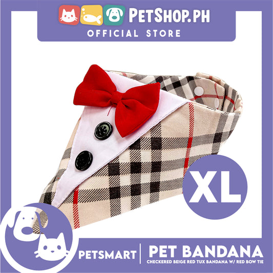 Pet Bandana Checkered Beige Red Tuxedo Bandana with Red Bow Tie Design (XL) Perfect Fit for Dogs and Cats