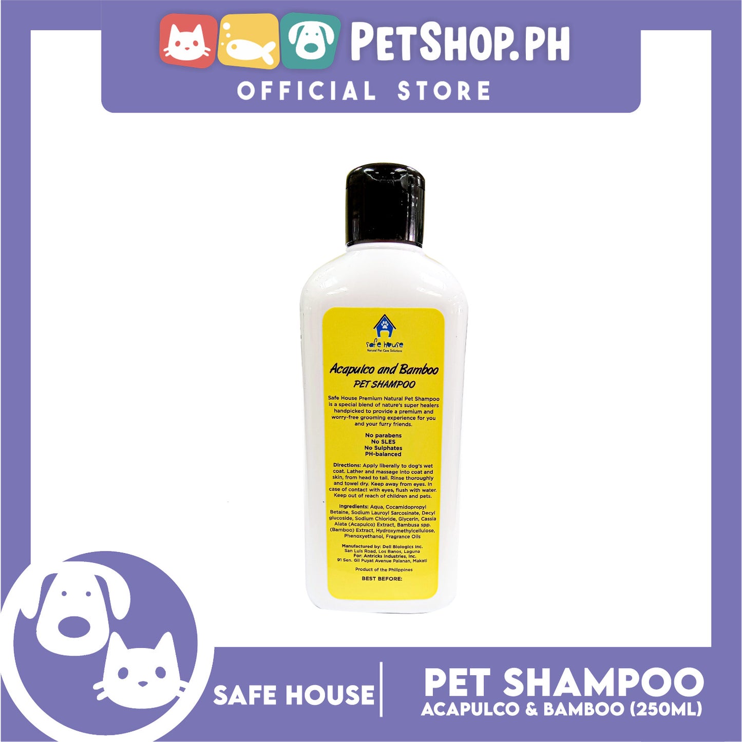 Safe House Natural Pet Care Solutions Pet Shampoo 250ml (Acapulco and Bamboo) Healthy and Shiny Coat