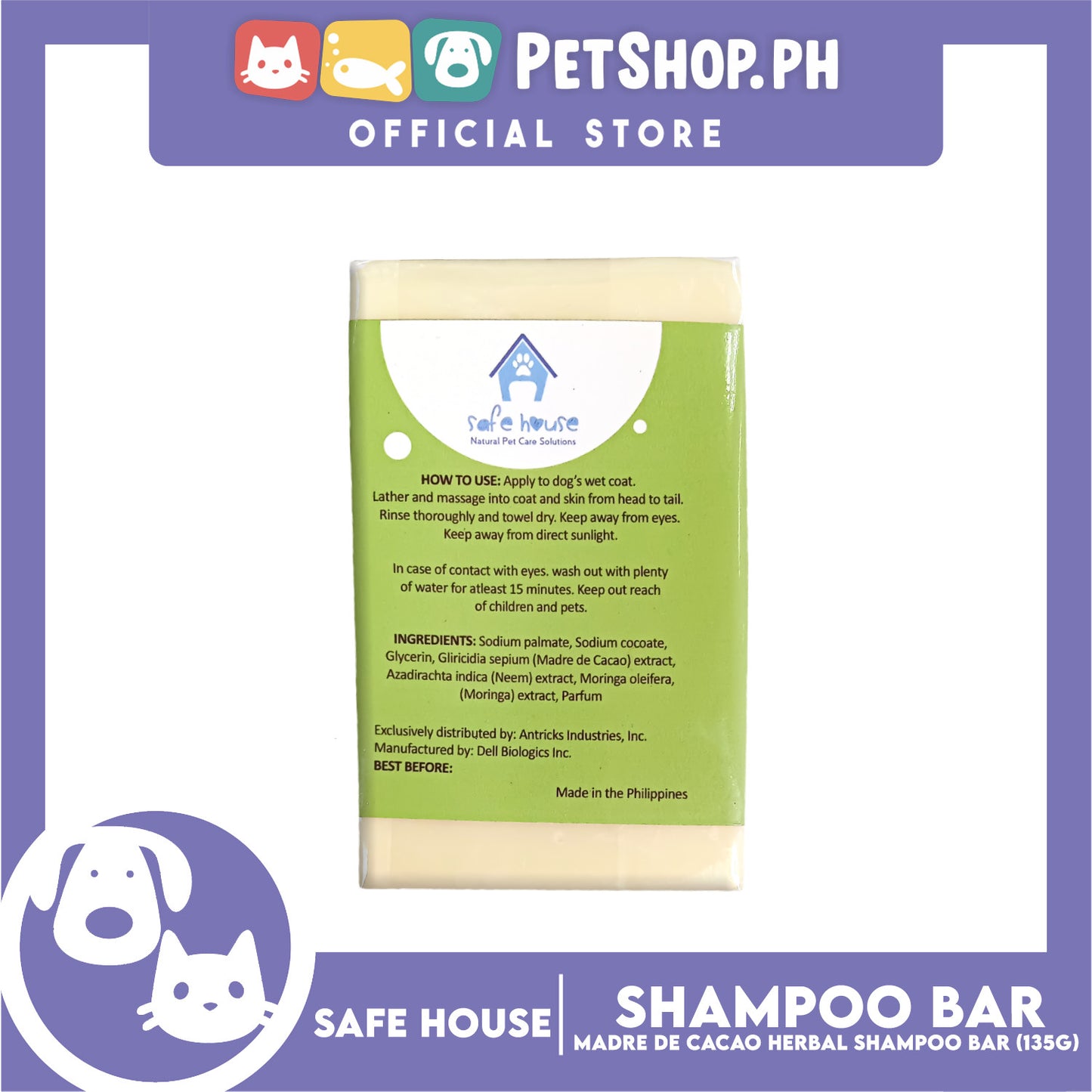 Safe House Natural Pet Care Solutions Herbal Shampoo Bar 135g (Madre de Cacao)