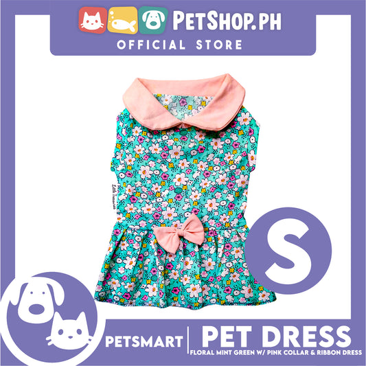 Pet Dress Floral Mint Green with Pink Collar and Ribbon Perfect Fit for Dogs and Cats (Small)