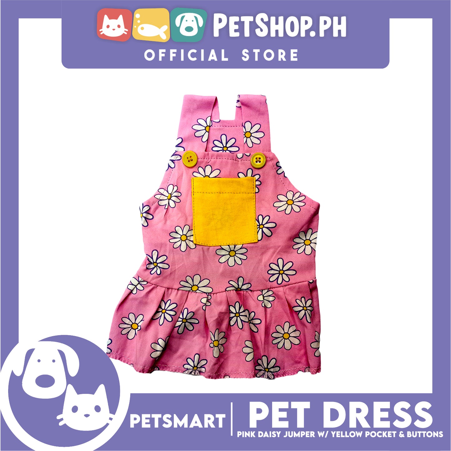 Pet Dress Pink Daisy Jumper with Yellow Pocket and Buttons Perfect Fit for Dogs and Cats (XL)