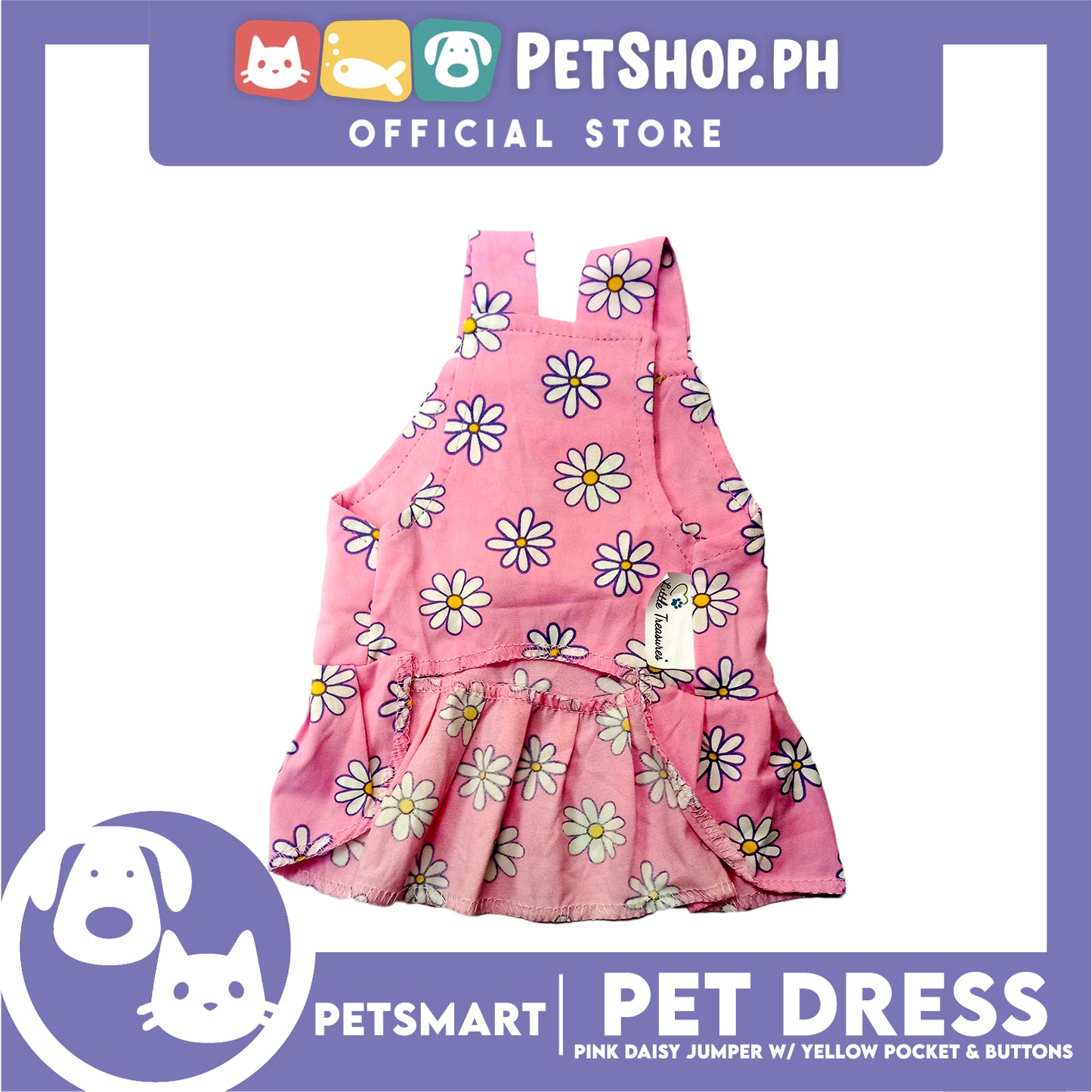 Pet Dress Pink Daisy Jumper with Yellow Pocket and Buttons Perfect Fit for Dogs and Cats (XL)