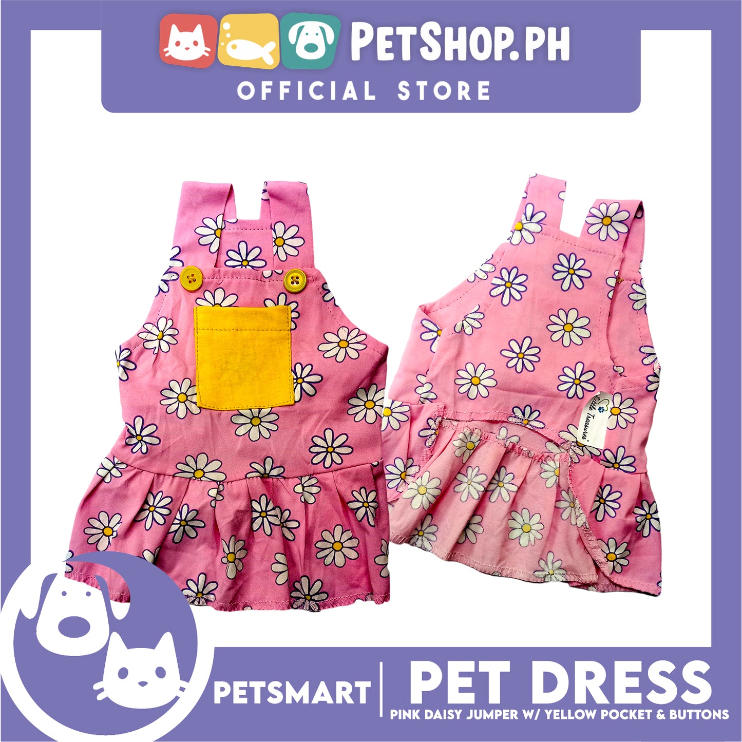 Pet Dress Pink Daisy Jumper with Yellow Pocket and Buttons Perfect Fit for Dogs and Cats (XL)