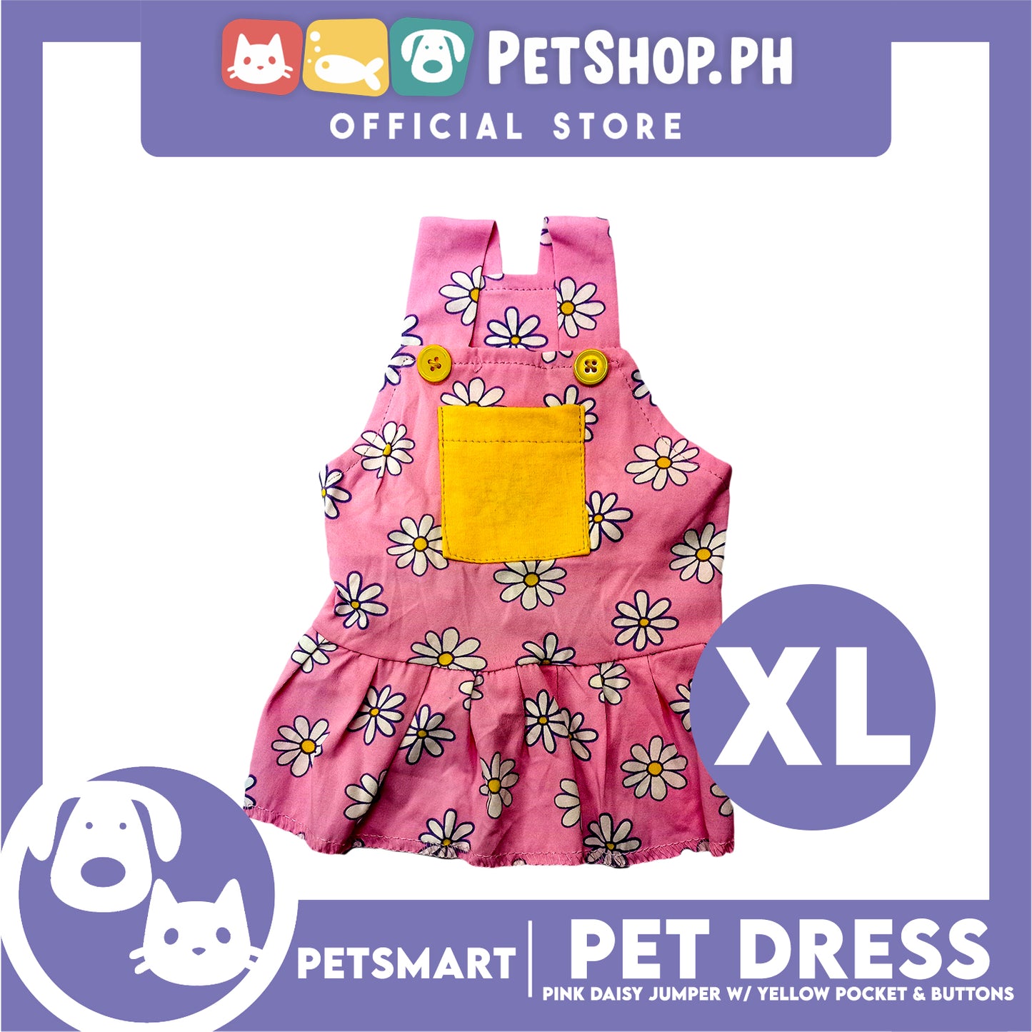 Pet Dress Pink Daisy Jumper with Yellow Pocket and Buttons Perfect Fit for Dogs and Cats (XL)