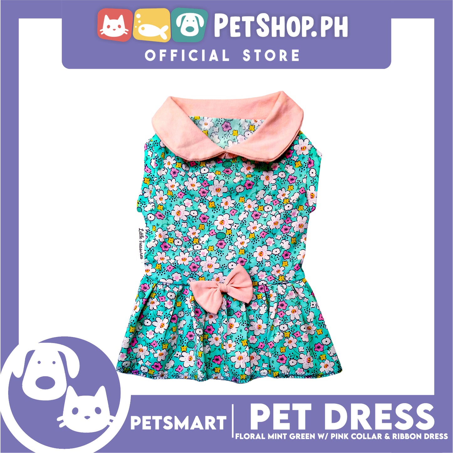Pet Dress Floral Mint Green with Pink Collar and Ribbon Perfect Fit for Dogs and Cats (Medium)