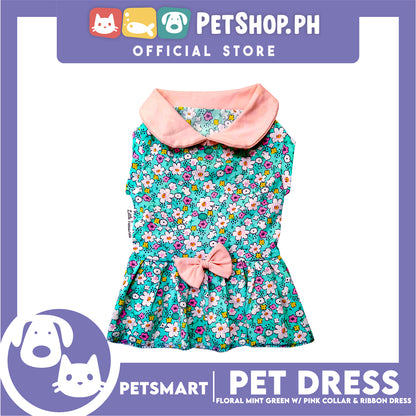 Pet Dress Floral Mint Green with Pink Collar and Ribbon Perfect Fit for Dogs and Cats (Medium)