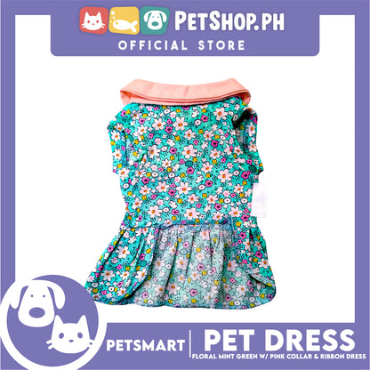 Pet Dress Floral Mint Green with Pink Collar and Ribbon Perfect Fit for Dogs and Cats (Medium)