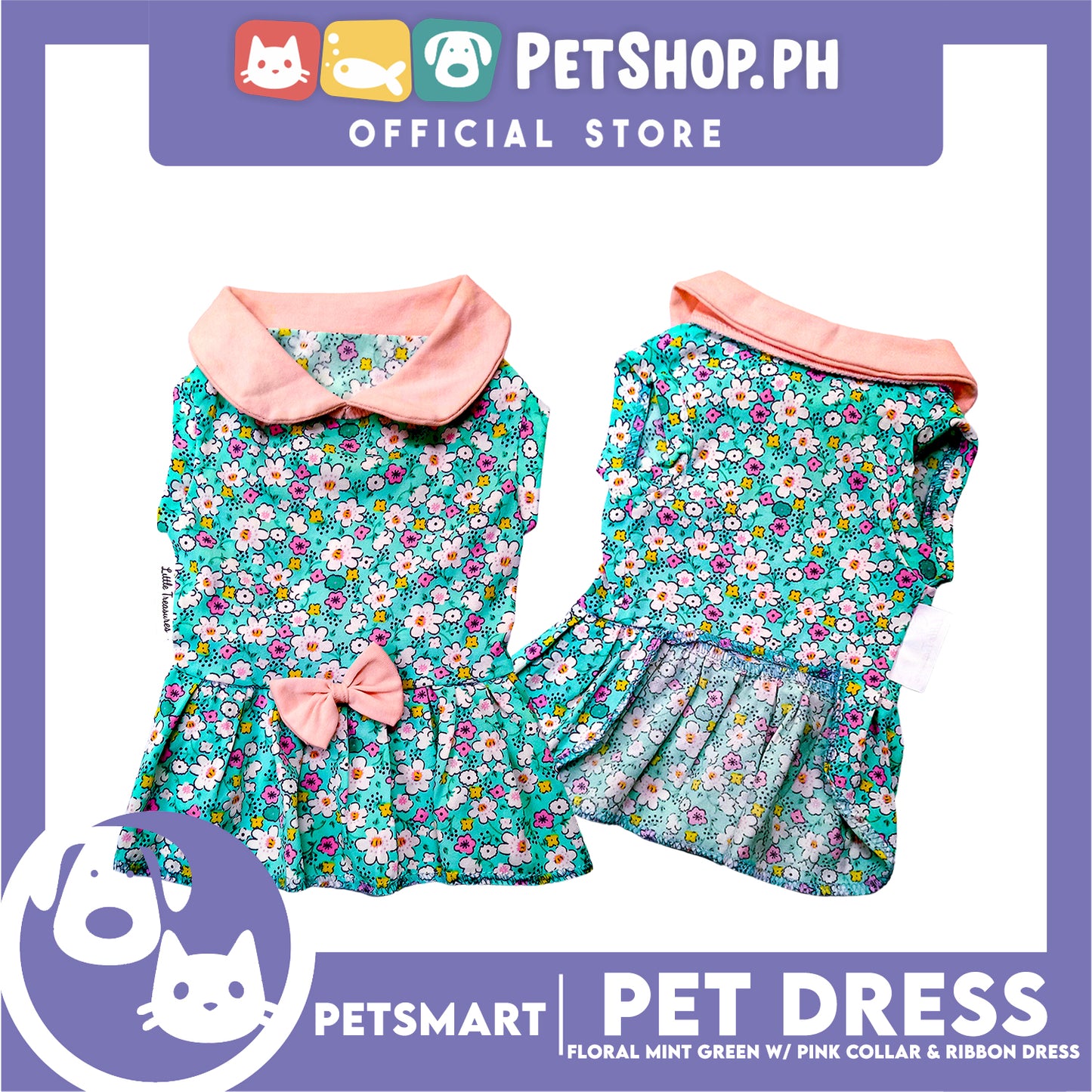 Pet Dress Floral Mint Green with Pink Collar and Ribbon Perfect Fit for Dogs and Cats (Medium)
