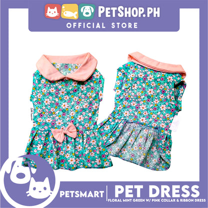 Pet Dress Floral Mint Green with Pink Collar and Ribbon Perfect Fit for Dogs and Cats (Medium)