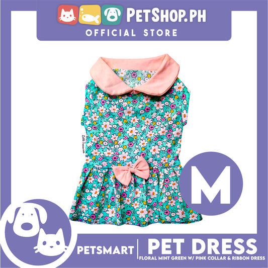 Pet Dress Floral Mint Green with Pink Collar and Ribbon Perfect Fit for Dogs and Cats (Medium)