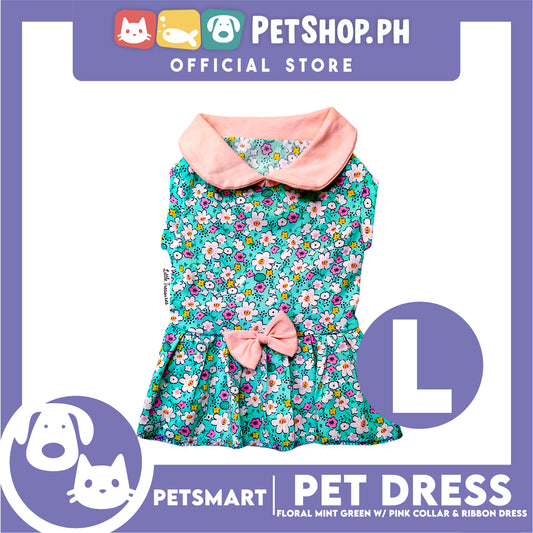 Pet Dress Floral Mint Green with Pink Collar and Ribbon Perfect Fit for Dogs and Cats (Large)