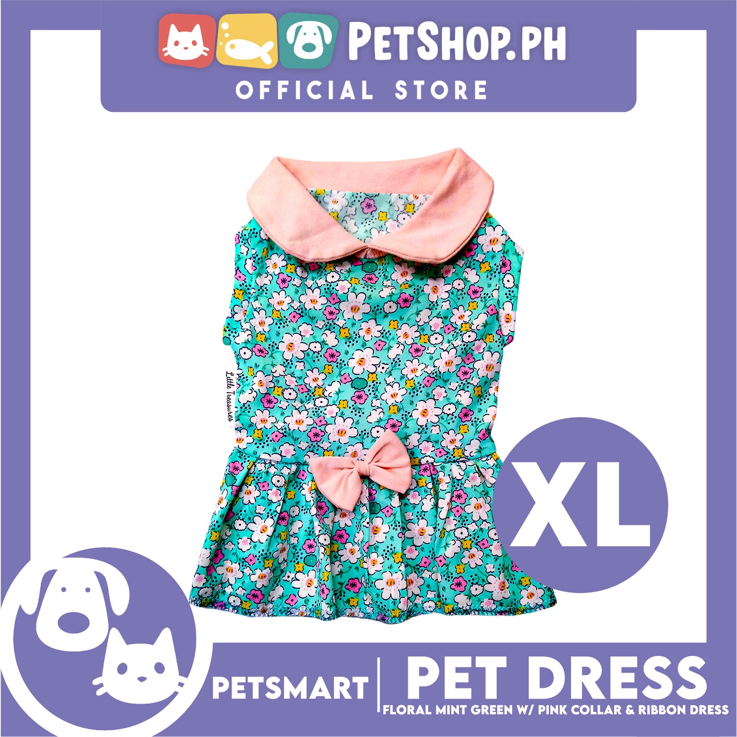 Pet Dress Floral Mint Green with Pink Collar and Ribbon Perfect Fit for Dogs and Cats (XL)