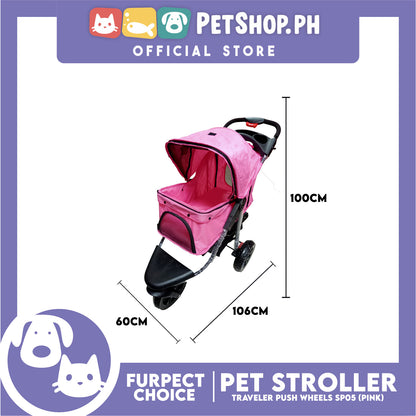 Furfect Choice Foldable 3-Wheeled Travel Stroller For Dog And Cat Accessories SP05 (Pink)
