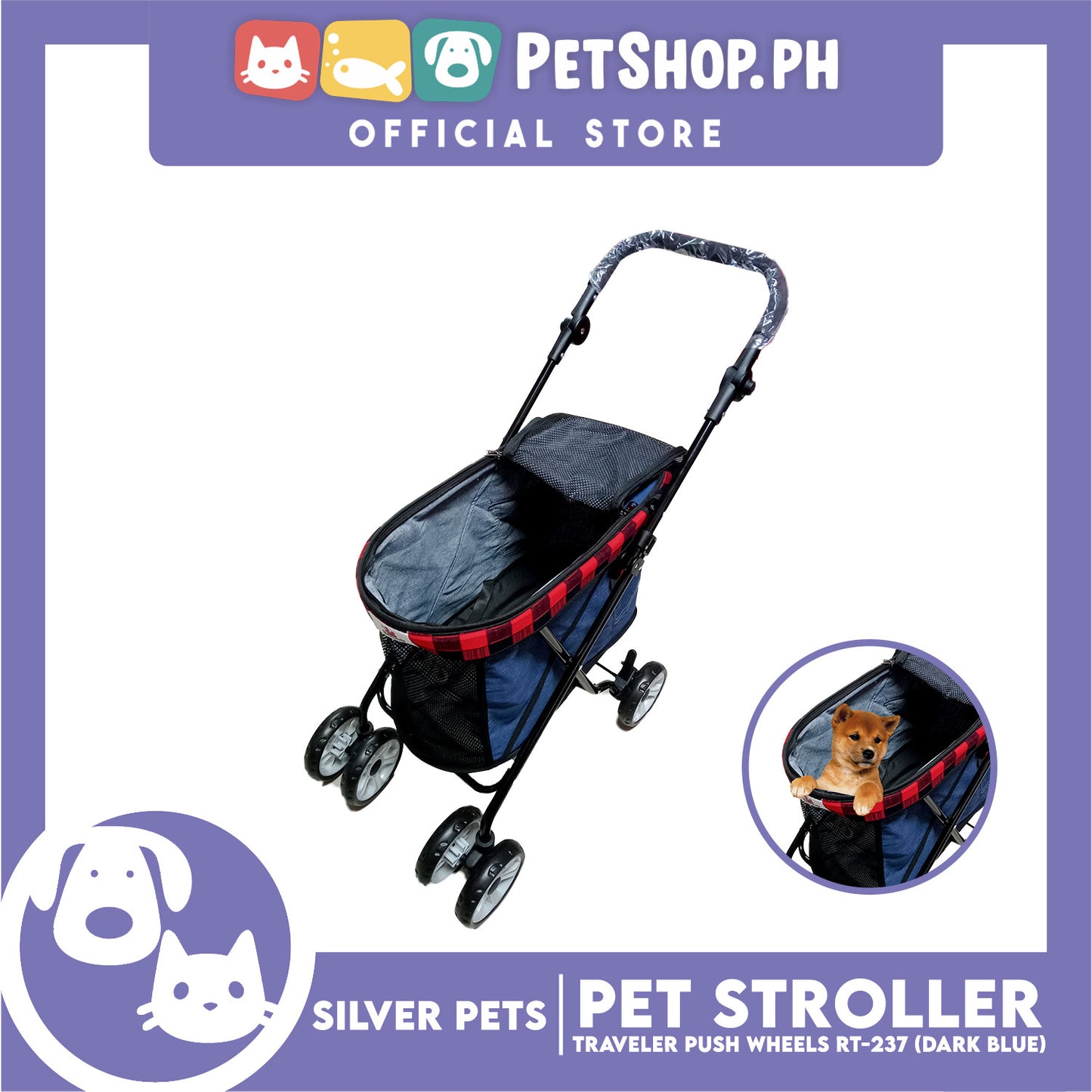 Silver Pet Foldable 4-Wheeled Travel Stroller For Dog And Cat Accessories (Dark Blue) RT-237