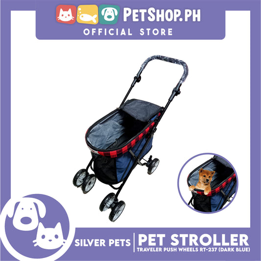 Silver Pet Foldable 4-Wheeled Travel Stroller For Dog And Cat Accessories (Dark Blue) RT-237