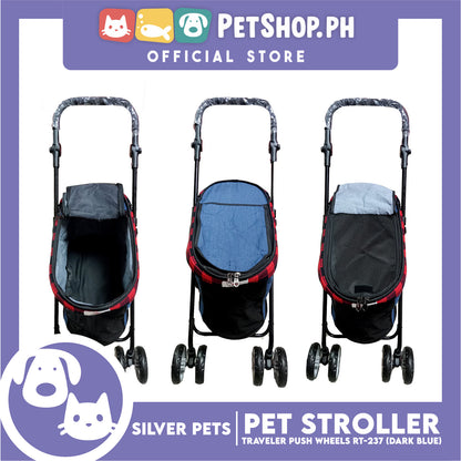 Silver Pet Foldable 4-Wheeled Travel Stroller For Dog And Cat Accessories (Dark Blue) RT-237
