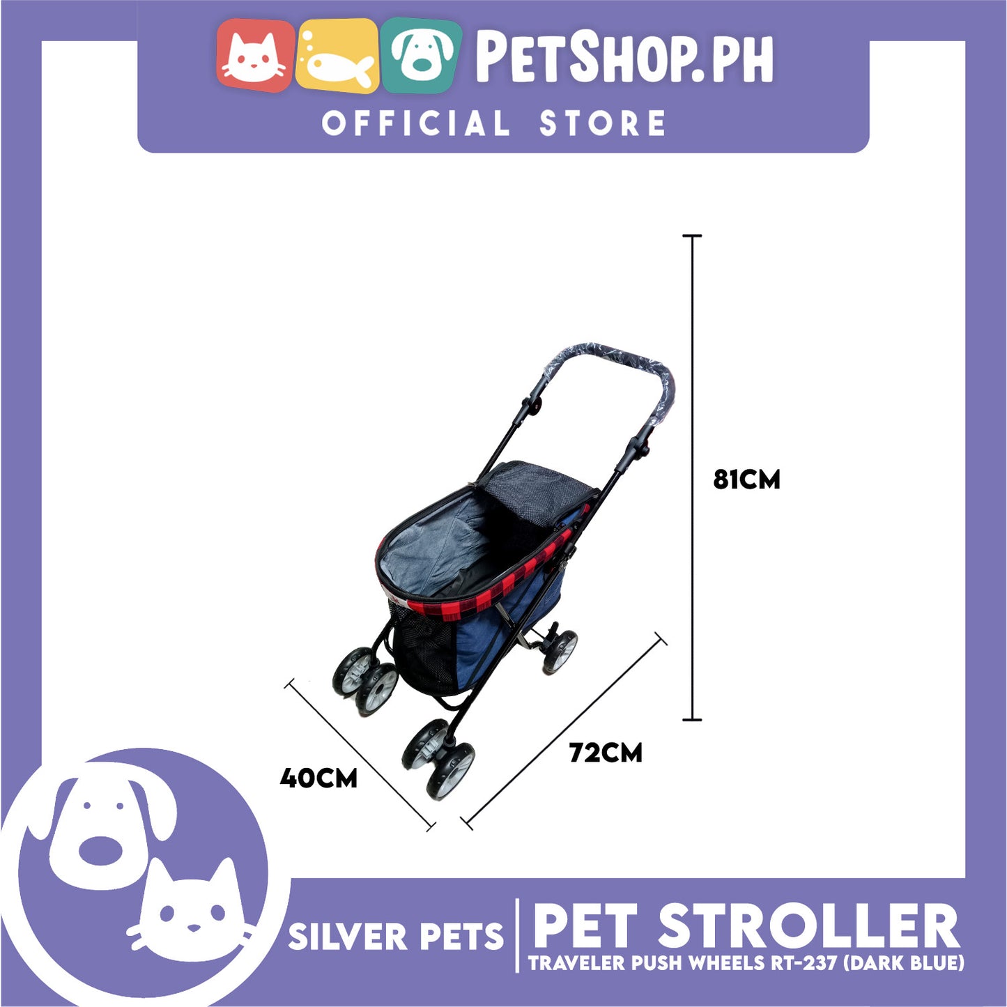 Silver Pet Foldable 4-Wheeled Travel Stroller For Dog And Cat Accessories (Dark Blue) RT-237