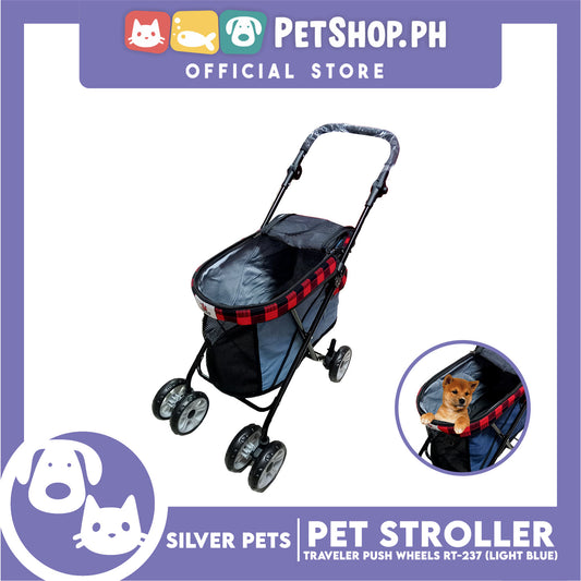 Silver Pet Foldable 4-Wheeled Travel Stroller For Dog And Cat Accessories (Light Blue) RT-237