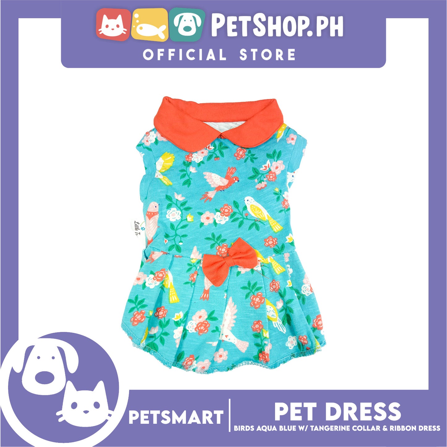 Pet Dress Birds Aqua Blue with Tangerine Collar and Ribbon (Small) DG-CTN179S