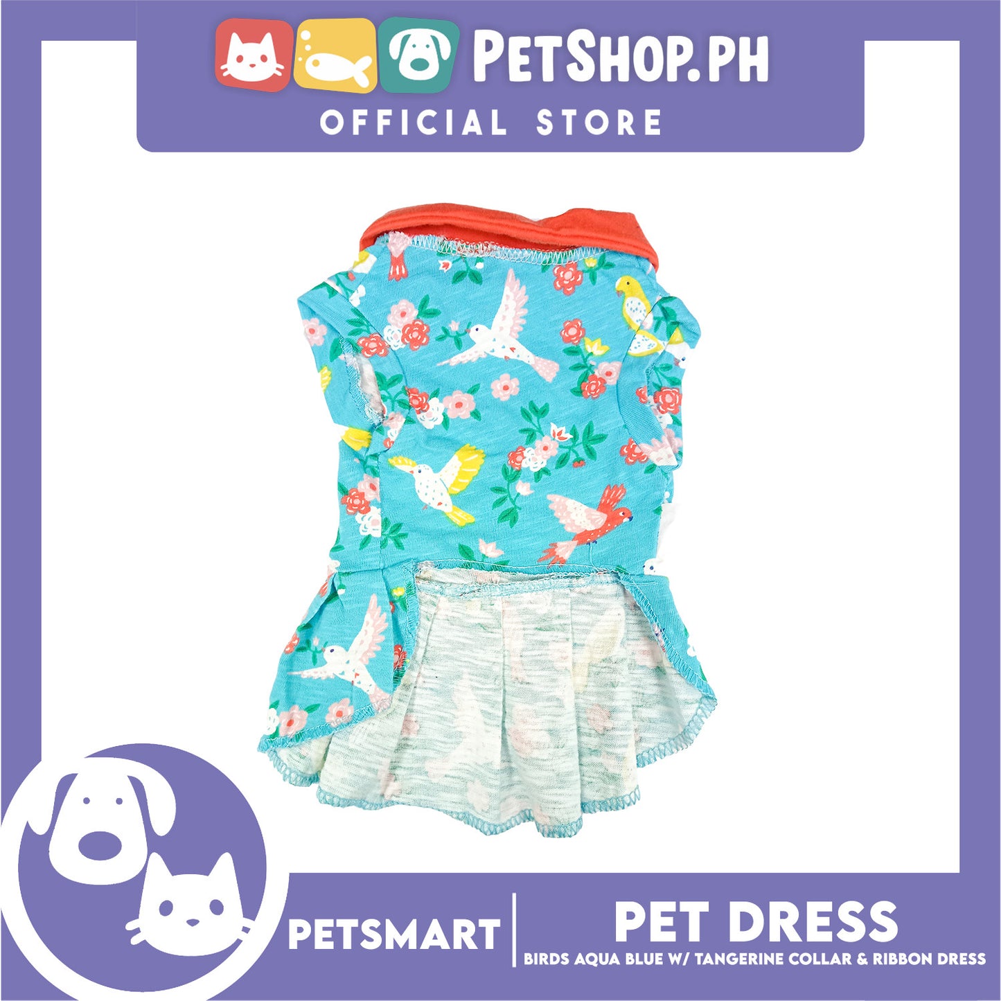Pet Dress Birds Aqua Blue with Tangerine Collar and Ribbon (Small) DG-CTN179S