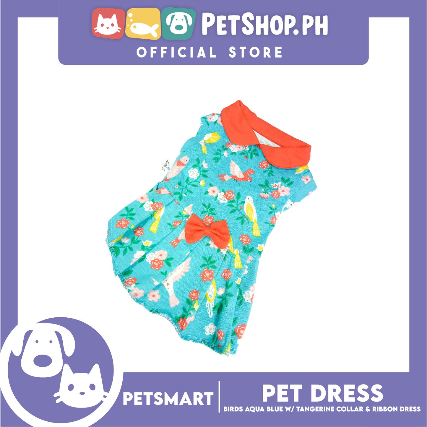 Pet Dress Birds Aqua Blue with Tangerine Collar and Ribbon (Small) DG-CTN179S