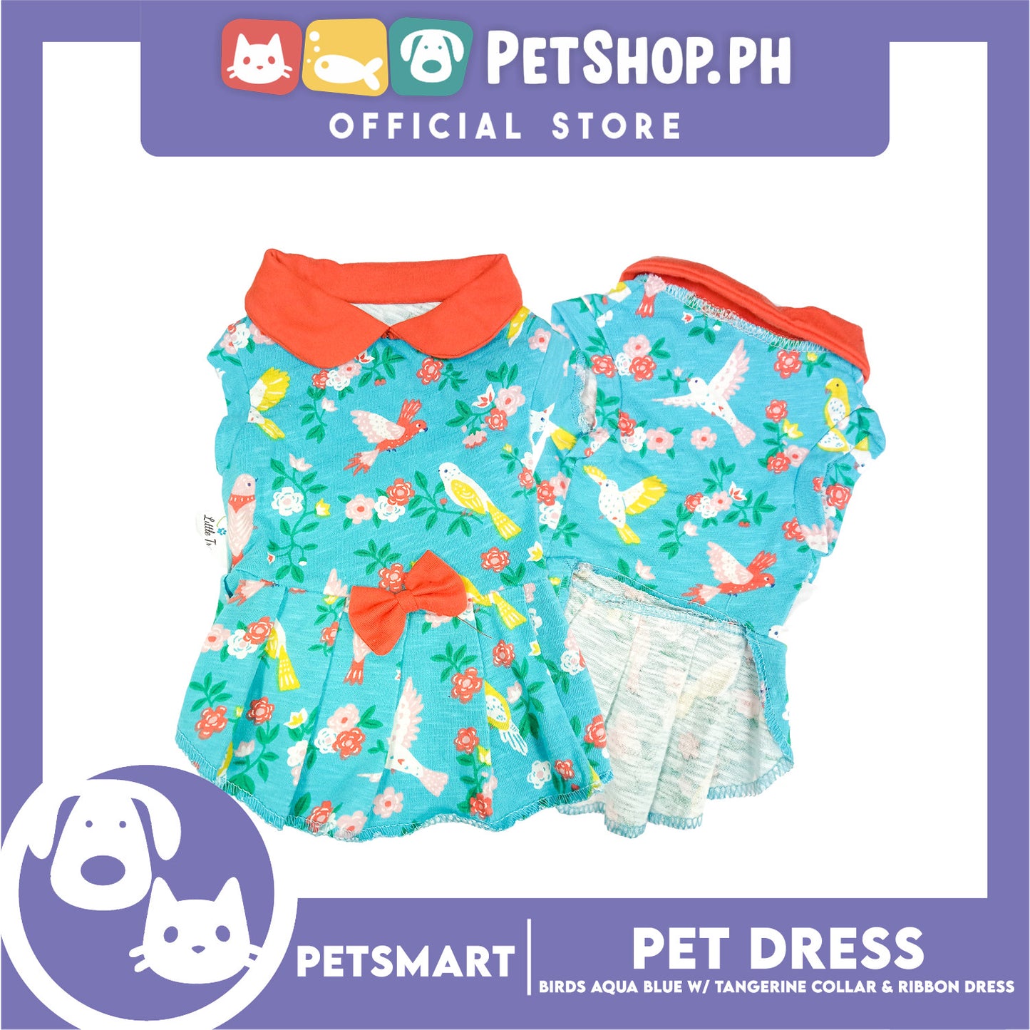 Pet Dress Birds Aqua Blue with Tangerine Collar and Ribbon (Small) DG-CTN179S