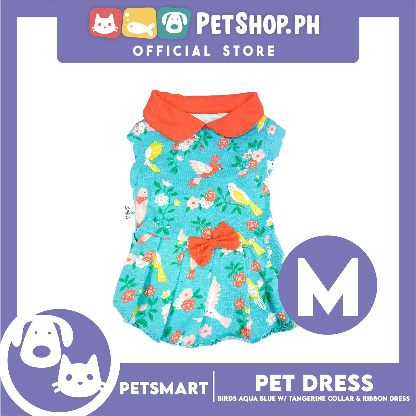 Pet Dress Birds Aqua Blue with Tangerine Collar and Ribbon (Medium) DG-CTN179M