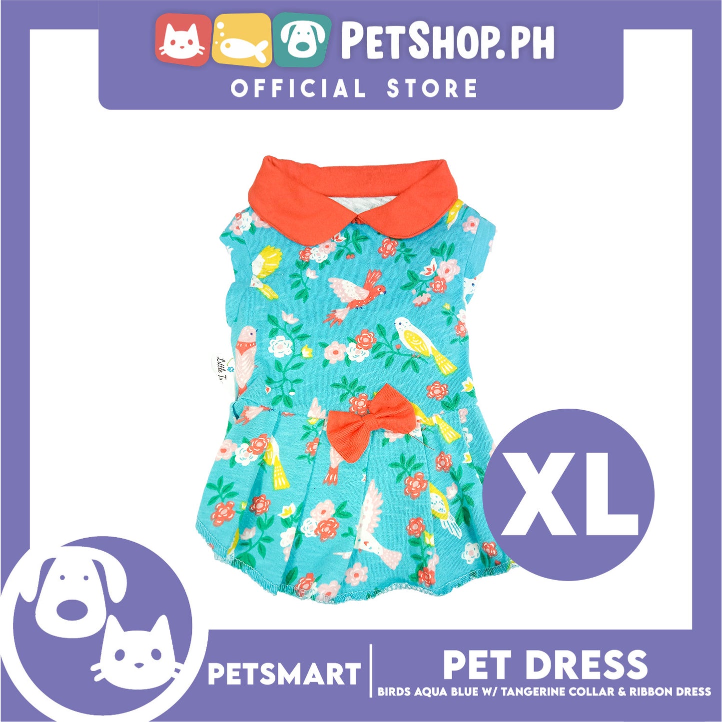Pet Dress Birds Aqua Blue with Tangerine Collar and Ribbon (XL) DG-CTN179XL