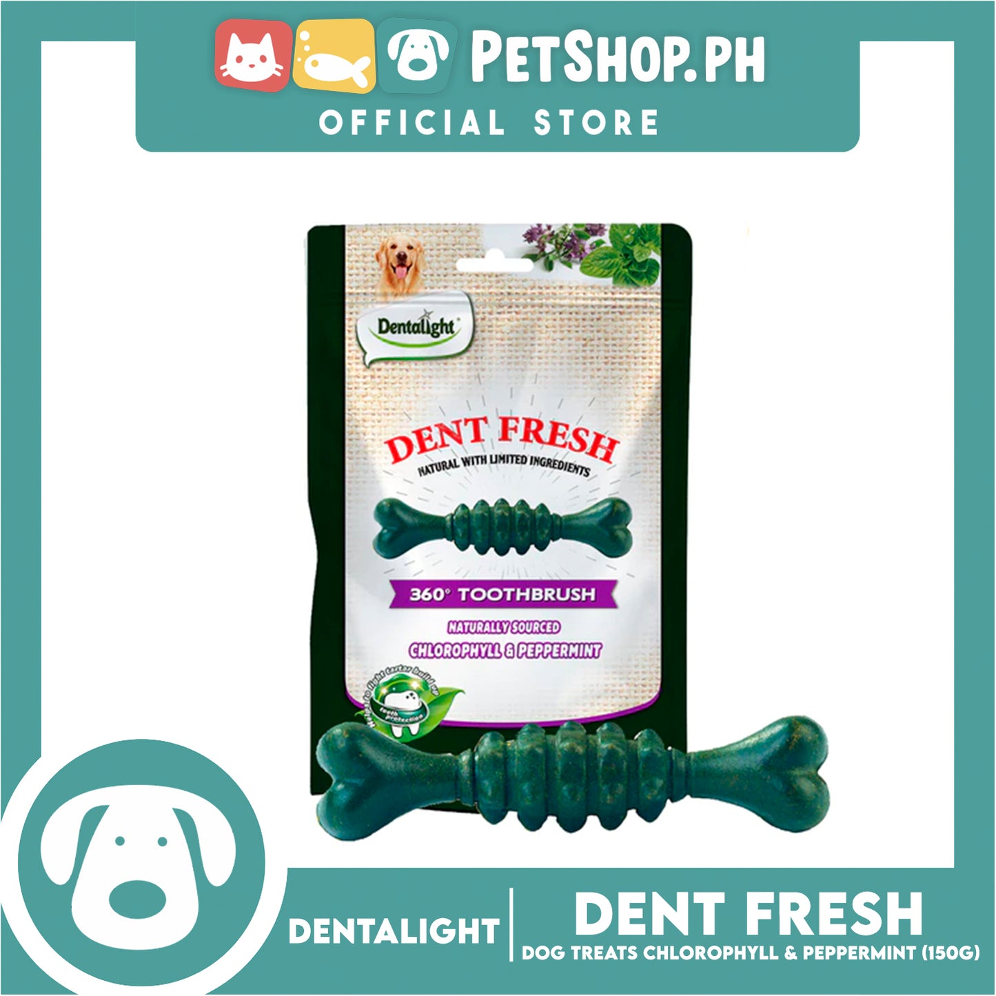 Dentalight Dent Fresh 360° Toothbrush Peppermint Fresh Breath Dog Treats 18s 150g