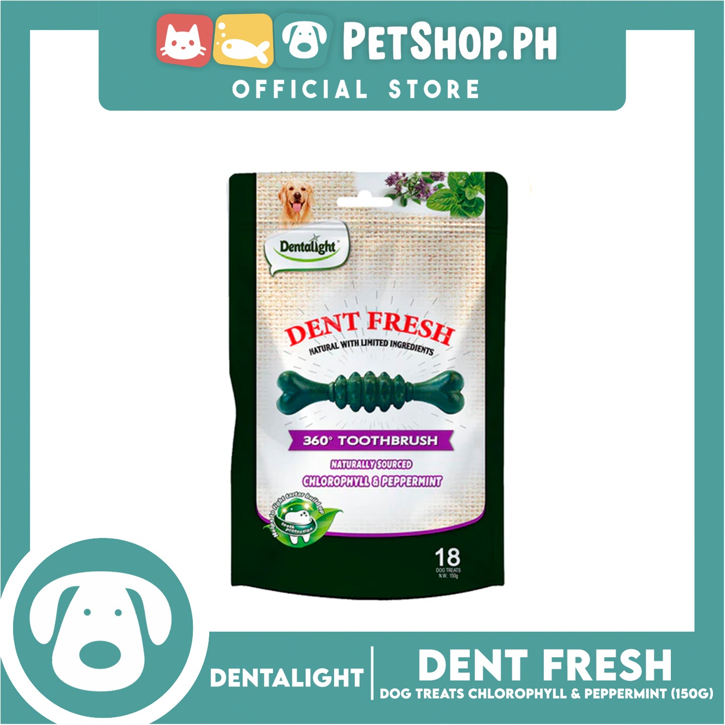 Dentalight Dent Fresh 360° Toothbrush Peppermint Fresh Breath Dog Treats 18s 150g