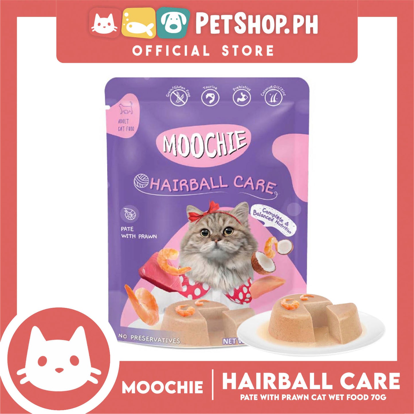 Moochie Hairball Care Adult Cat Wet Food (Pate with Prawn) 70g