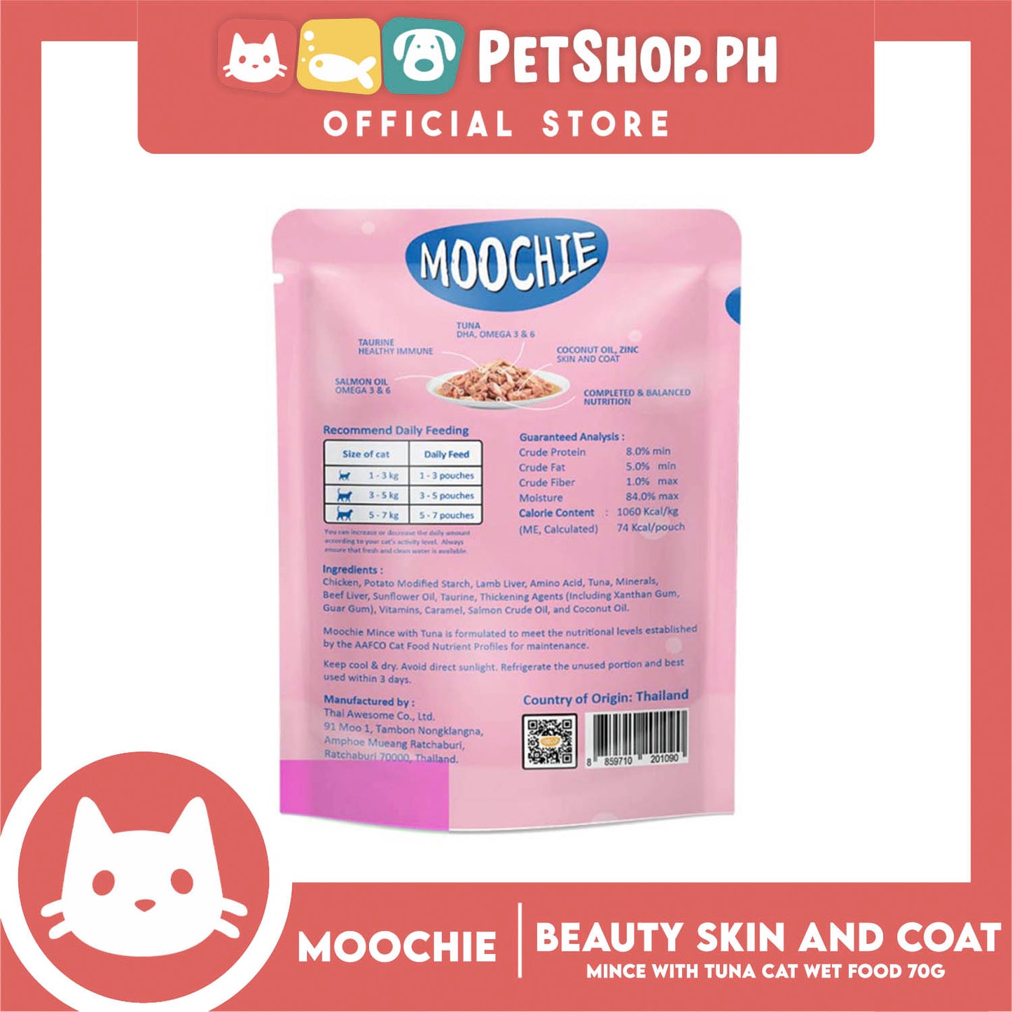 Moochie Beauty Skin and Coat Adult Cat Wet Food (Mince with Tuna) 70g