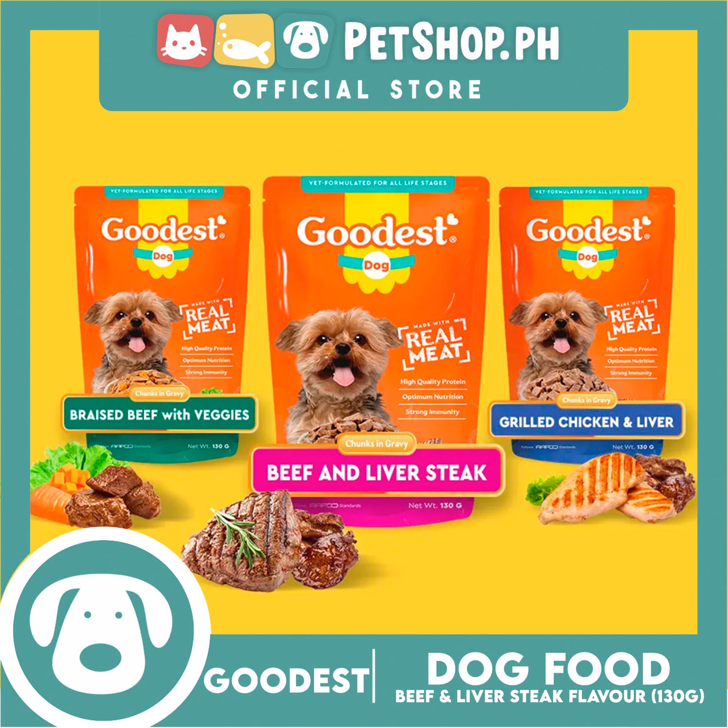 Goodest Dog Chunks in Gravy Beef and Liver Steak 130g Wet Dog Food Pouch