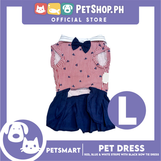 Pet Dress Red, Blue and White Stripe with Black Bow Tie Design DG-CTN184L (Large)