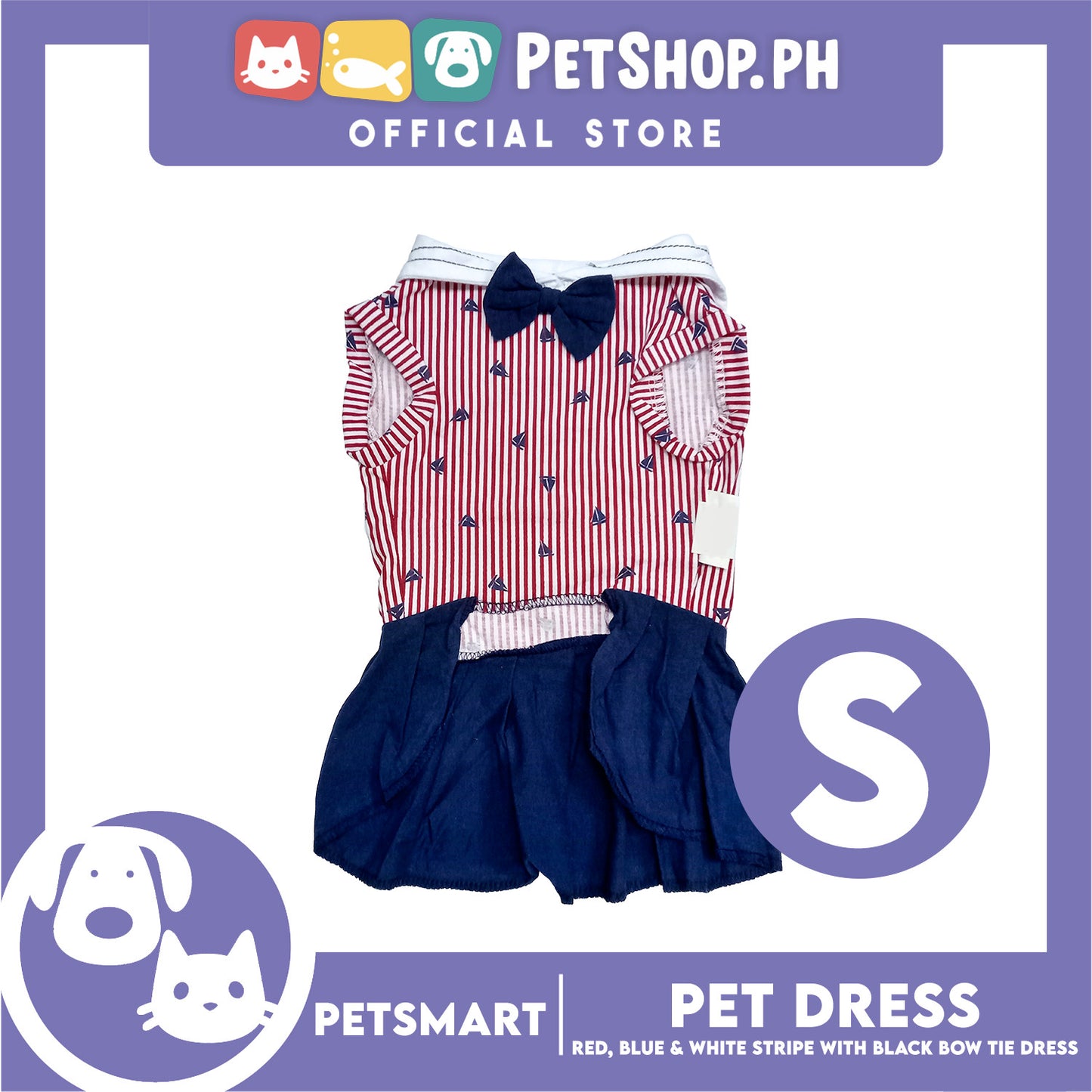 Pet Dress Red, Blue and White Stripe with Black Bow Tie Design DG-CTN184S (Small)